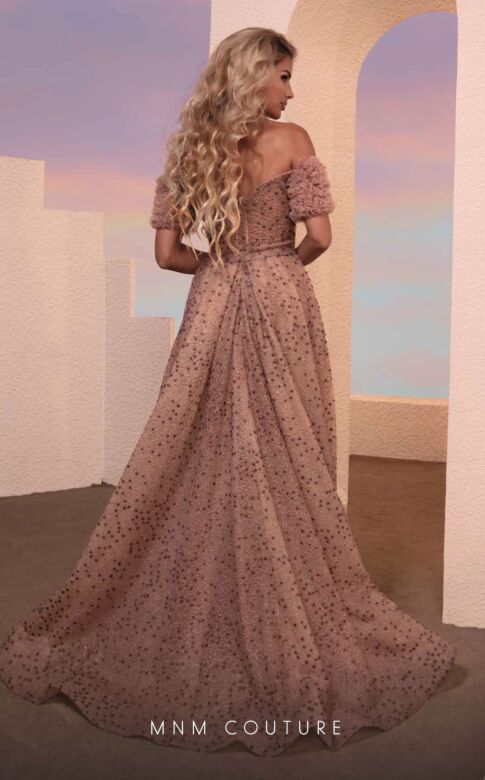 MNM Couture M0100 Long Overskirt Ruffle Sleeve Lace Dress