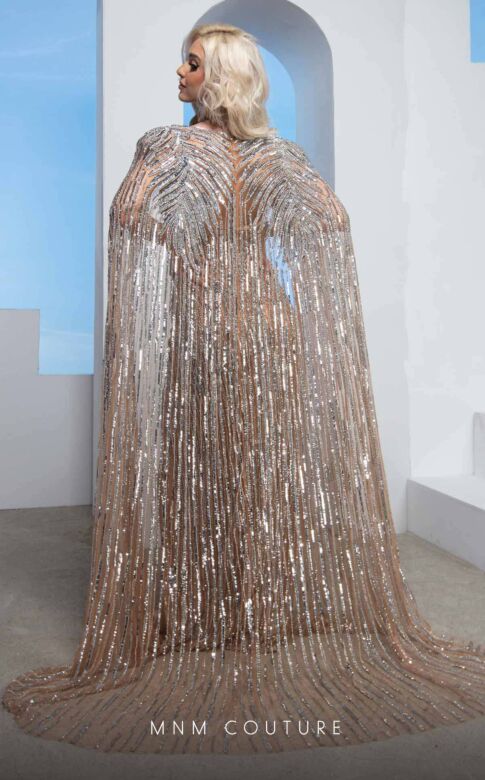 MNM Couture M1003 Removable Cape Embellished Illusion Dress