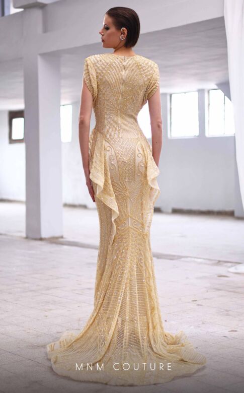 MNM Couture M1004 Side Peplum Plunging Neck Embellished Dress