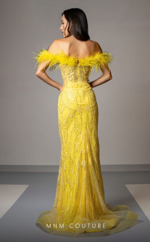 MNM Couture M1048 Feather Neckline High Slit Sequin Dress