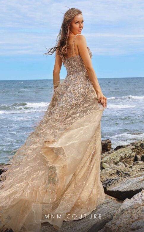 MNM Couture M1050 Feathered Train Multiple Strap Embellished Dress