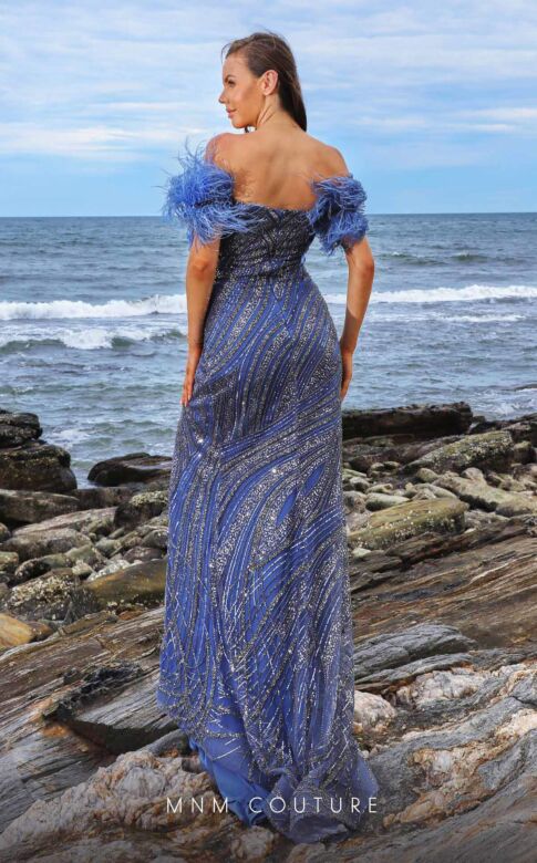 MNM Couture M1052 Feather Sleeves High Slit Sequin Dress