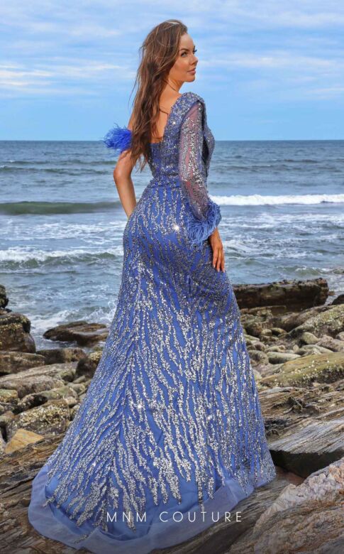 MNM Couture M1057 Mismatched Sleeves High Slit Sequin Dress