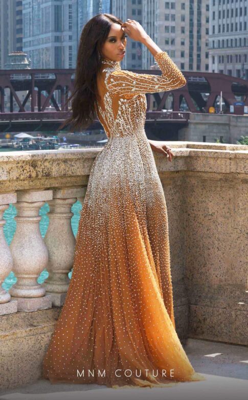 MNM Couture M1127 Long Overskirt High Neck Embellished Dress