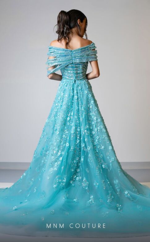 MNM Couture M1150 Long Overskirt Off The Shoulder Floral Dress
