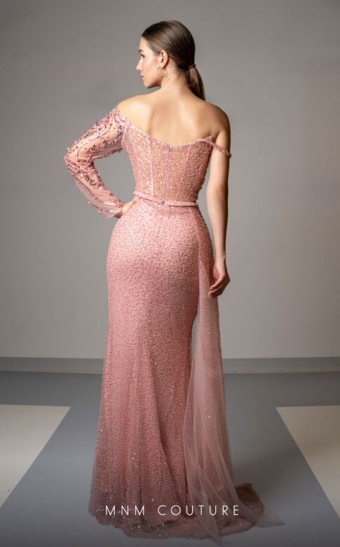 MNM Couture M1165 Mismatched Sleeves Side Tail Dress