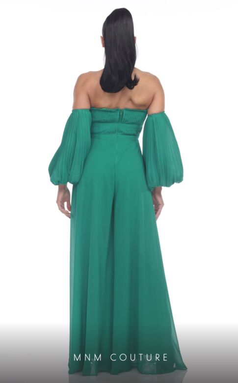 MNM Couture R07509 Removable Sleeve Shirred Top Wide-Leg Jumpsuit