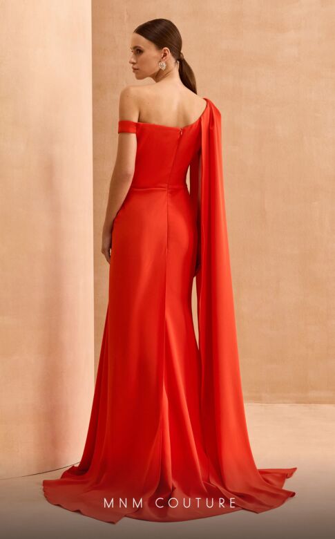 MNM Couture V02029 High Slit Cape Sleeve Asymmetric Dress