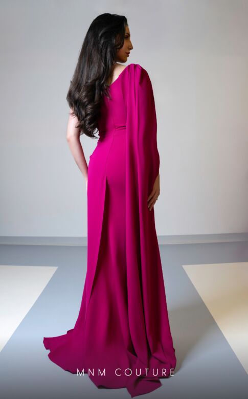 MNM Couture V02029A Cape Sleeve One-Shoulder Draped Dress