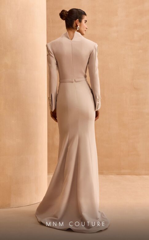 MNM Couture V02030 Long Sleeve V-Neck Front Slit Dress