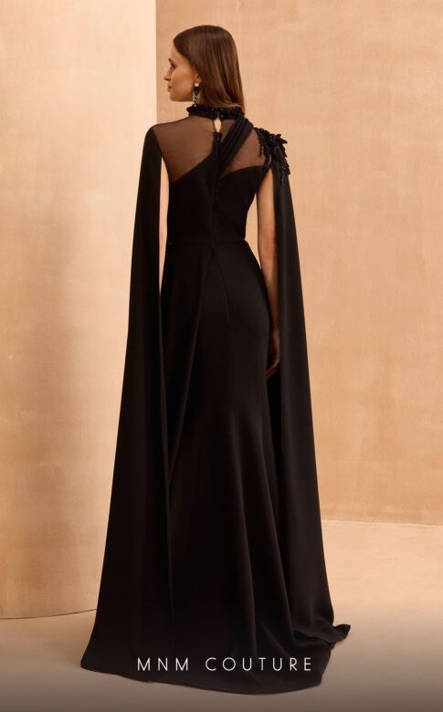 MNM Couture V02037 Cape Sleeve Beaded High Neck Dress