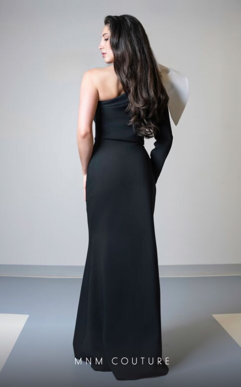 MNM Couture V07245 Shoulder Bow Asymmetric Long Sleeve Dress