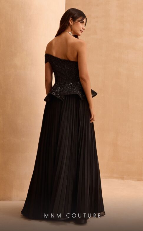 MNM Couture V07282 Beaded Peplum Pleated A-Line Dress