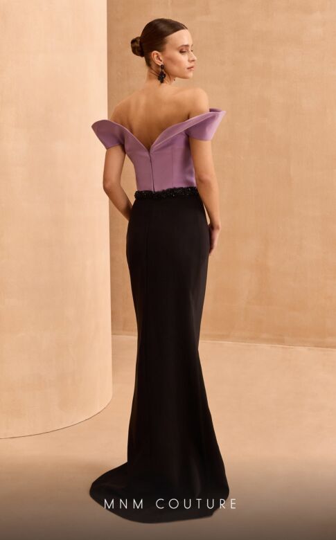 MNM Couture V07428 Off-The-Shoulder Beaded Surplice Bodice Dress