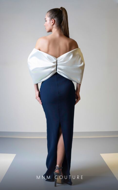 MNM Couture V07508 Off-The-Shoulder Bow Neck Dress
