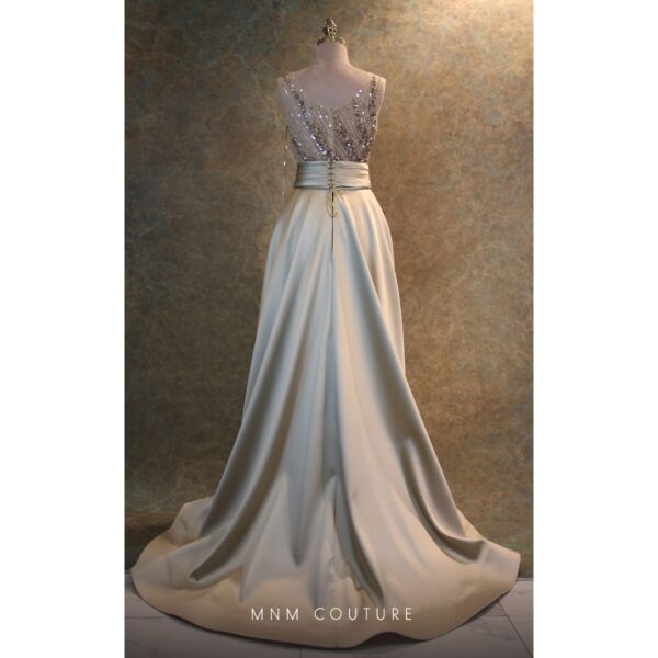 MNM Couture V6397 Sleeveless Satin Overskirt Beige Dress