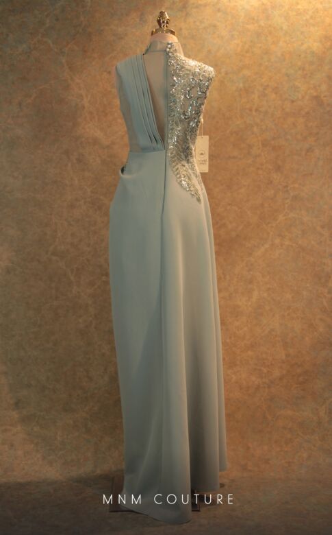 MNM Couture V6457 Side Drape Beaded Bodice Aqua Dress