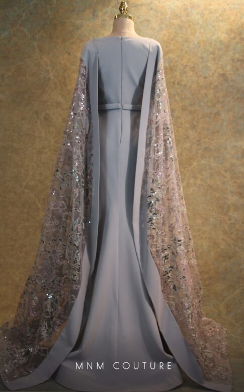 MNM Couture V6463 Cape Sleeve V-Neck Grey Dress