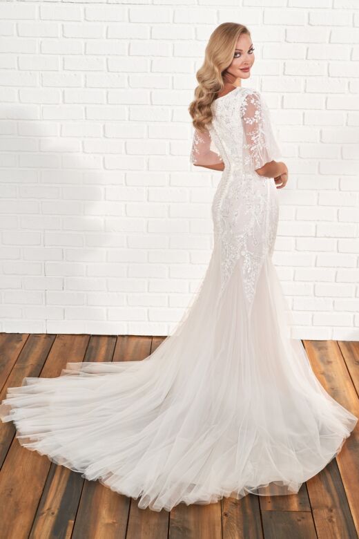 Modest Bridal by Mon Cheri MOD201 Godet Skirt V-Neck Wedding Dress