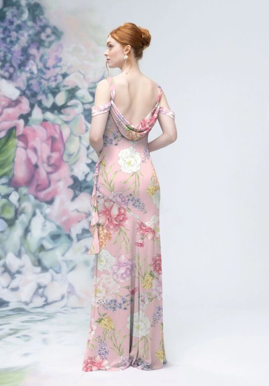 Mori Lee 3030020 Cowl Back Pink Floral Chiffon Bridesmaid Dress