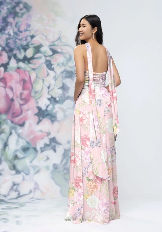 Mori Lee 3030023 Ruched Bodice Pink Floral Print Bridesmaid Dress