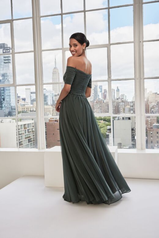 Mori Lee 73113 Ruched Bodice Off-The-Shoulder Beaded Waist Dress