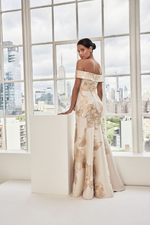 Mori Lee 73115 Off-The-Shoulder Brocade Side Drape Dress
