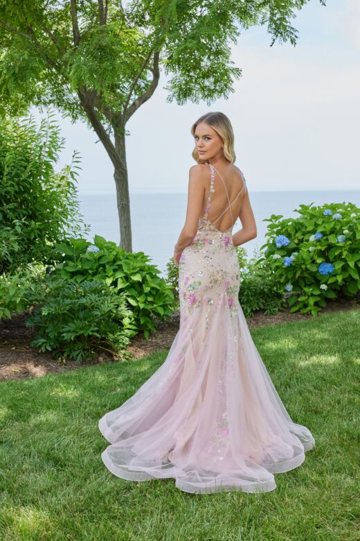 Mori Lee 49130 Godet Skirt Sheer Corset Floral Dress