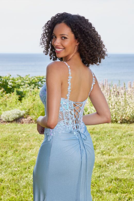 Mori Lee 49132 Embroidered Corset High Slit Dress