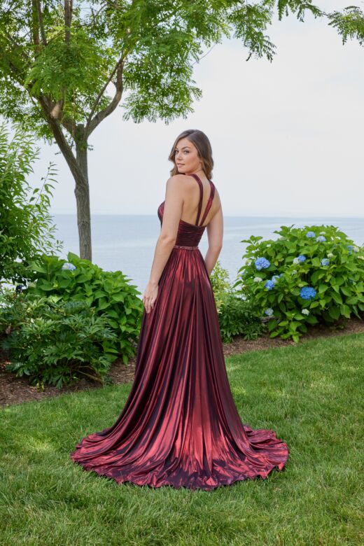 Mori Lee 49143 Floral Top Halter Neck Metallic Dress
