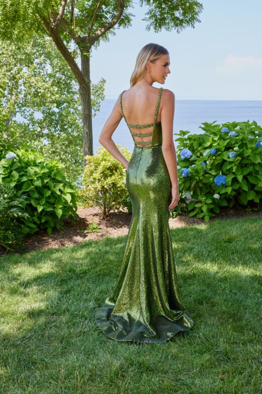 Mori Lee 49160 Strappy Back High Slit Sequin Dress