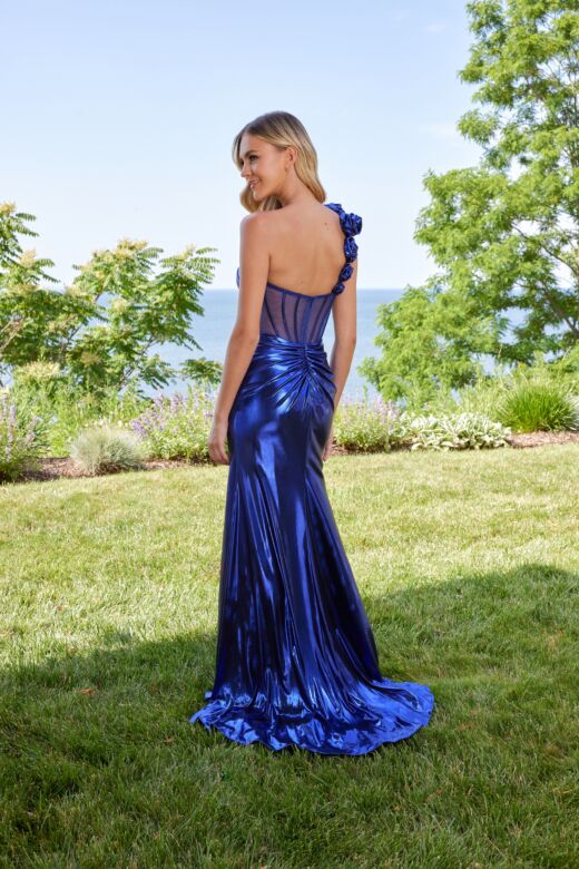 Mori Lee 49165 Sheer Corset Floral Strap Metallic Dress