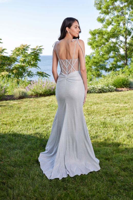 Mori Lee 49186 Illusion Corset Tie Straps Metallic Dress