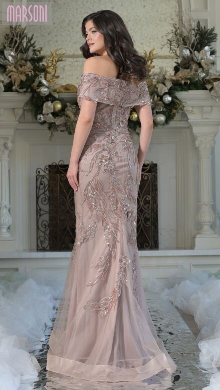 Marsoni MV1372 Slim-Flare Beaded Off The Shoulder Dress