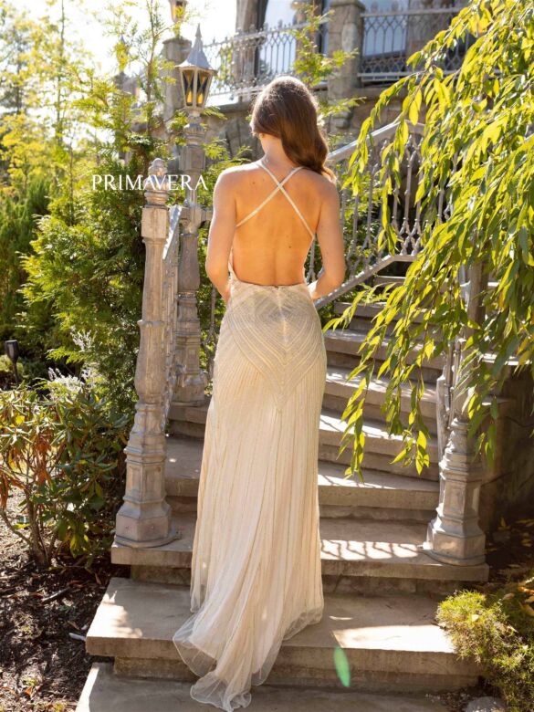 Primavera Couture 12067 Cross Back High Slit Beaded Dress