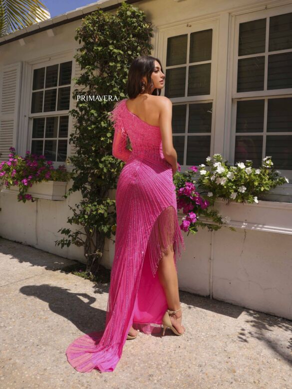 Primavera Couture 12109 Fringe Slit Beaded One-Shoulder Dress