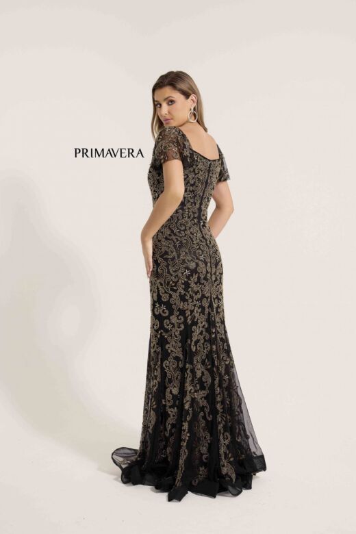 Primavera Couture 12178 Plunging Neck Short Sleeve Beaded Dress