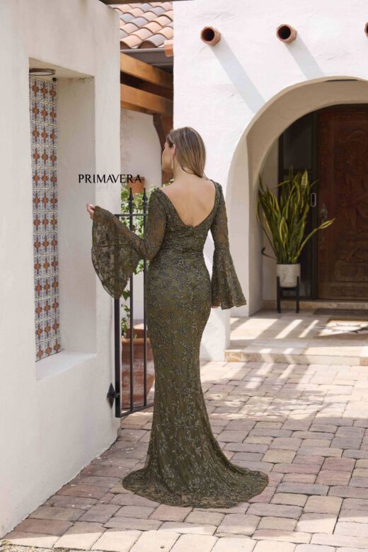 Primavera Couture 12185 Bell Sleeve Beaded V-Neck Dress