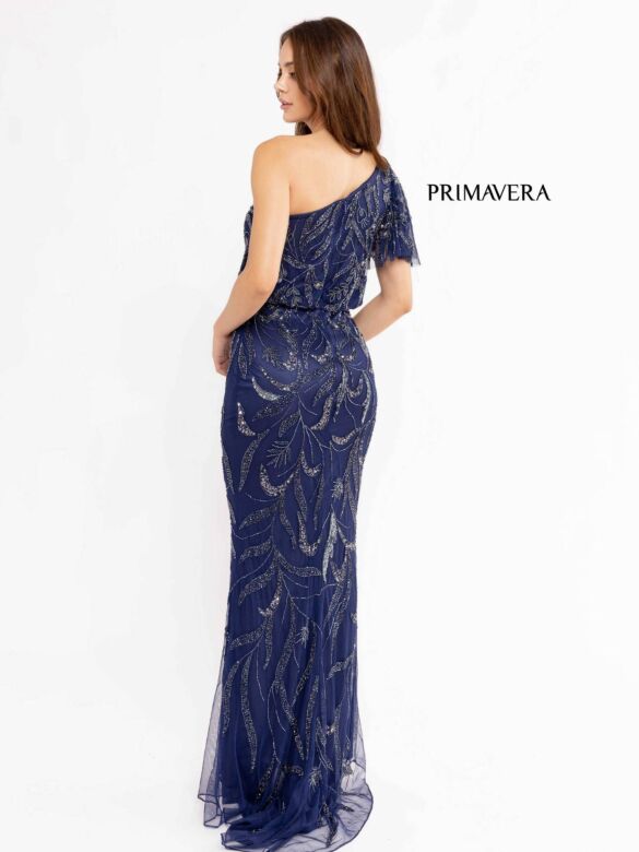 Primavera Couture 13106 Blouson Top Asymmetric Neck Beaded Dress
