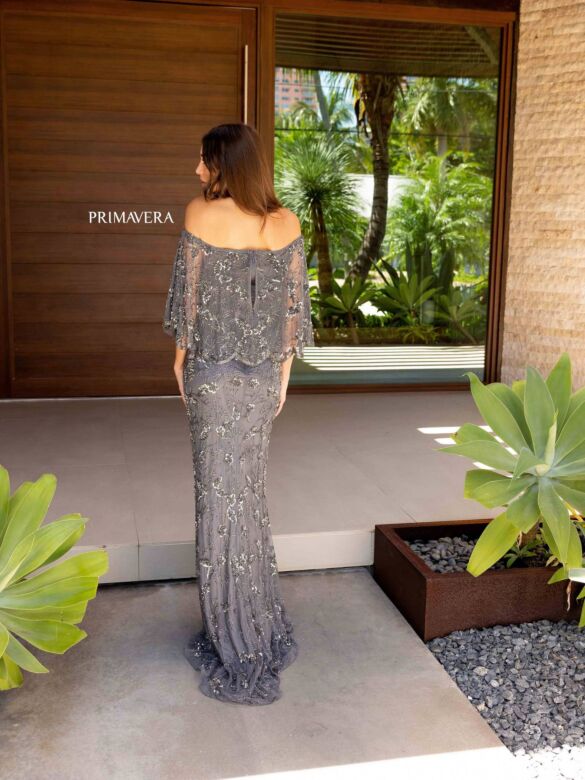 Primavera Couture 13123 Flounce Neck Sheer Cape Sleeve Dress