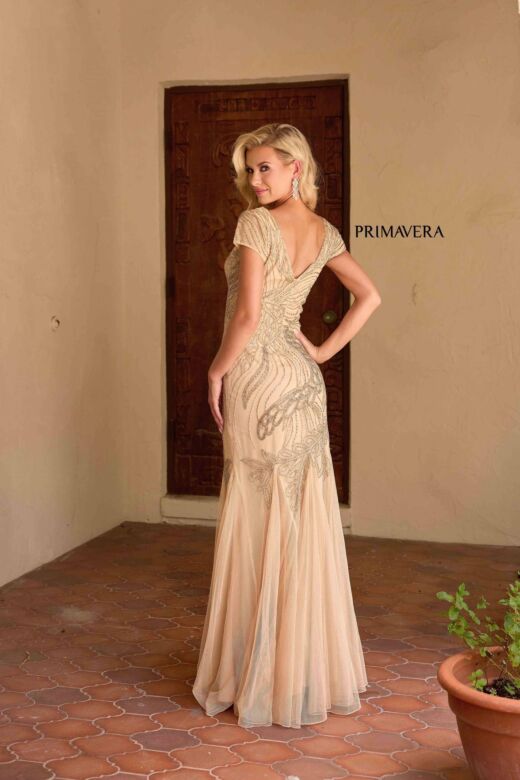 Primavera Couture 13148 Cap Sleeve Godet Skirt Beaded Dress