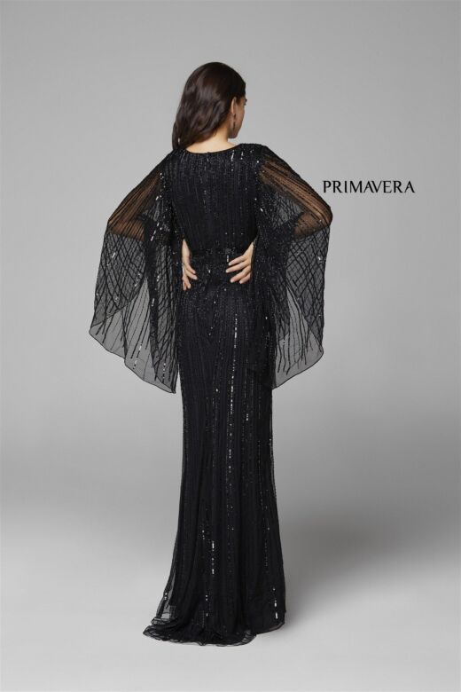 Primavera Couture 3672 Angel Sleeve Beaded V-Neck Dress