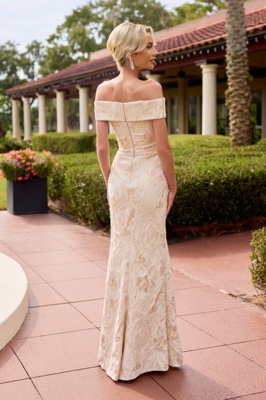 Primavera Couture 13174 Collared Off-The-Shoulder Jacquard Dress