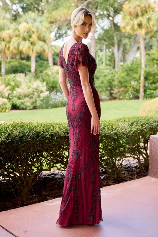 Primavera Couture 13184 V-Back Beaded Flutter Sleeve Dress