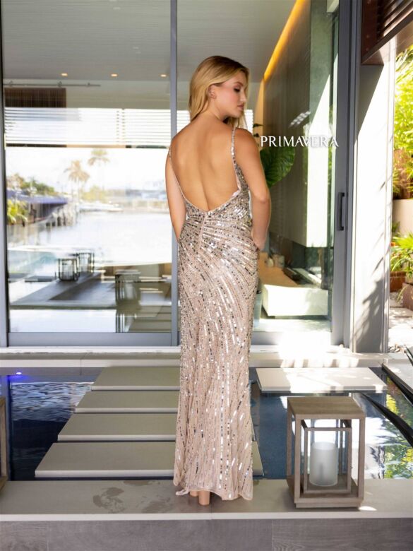 Primavera Couture 4171 Side Slit Plunging Neck Embellished Dress