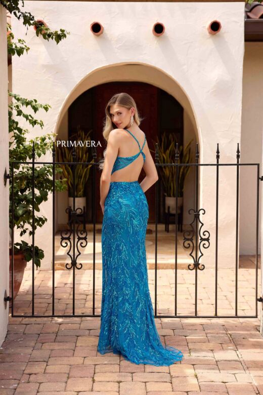 Primavera Couture 4316 High Slit Beaded Cross Back Dress