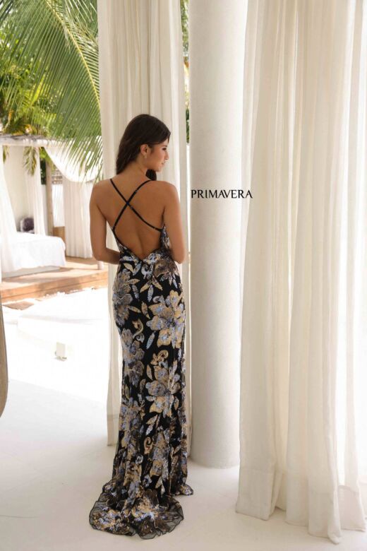 Primavera Couture 4323 High Slit Beaded Floral Dress