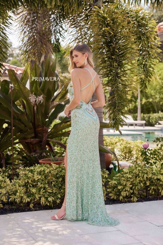 Primavera Couture 4326 Cross Back Beaded V-Neck Dress
