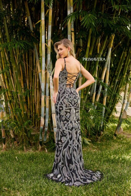Primavera Couture 4369 Illusion Plunging Neck High Slit Dress