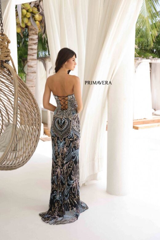 Primavera Couture 4382 Beaded Plunging Neck Lace-Up Back Dress